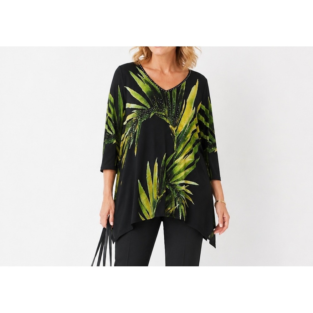 Valentina Womens Black Green Tropical Palm Leaf Studded V-Neck Sharkbite Tunic M